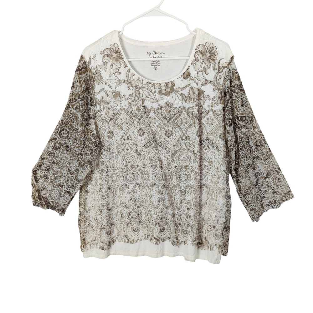 Chicos Womens 3 XL White Brown Floral Lace Crochet Raw Trim Sheer Sleeve‎ Top